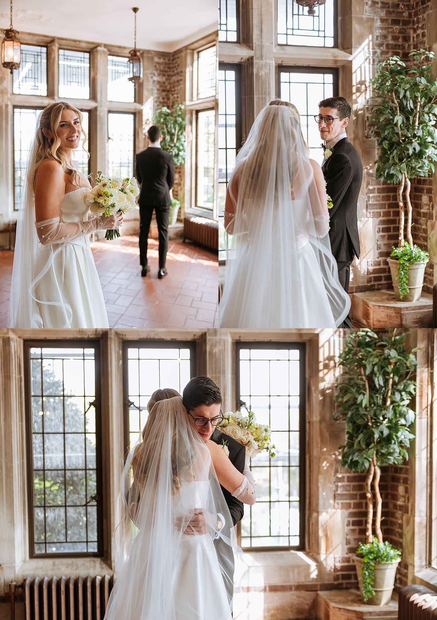 groom turns around to see bride for first look at Waveny House