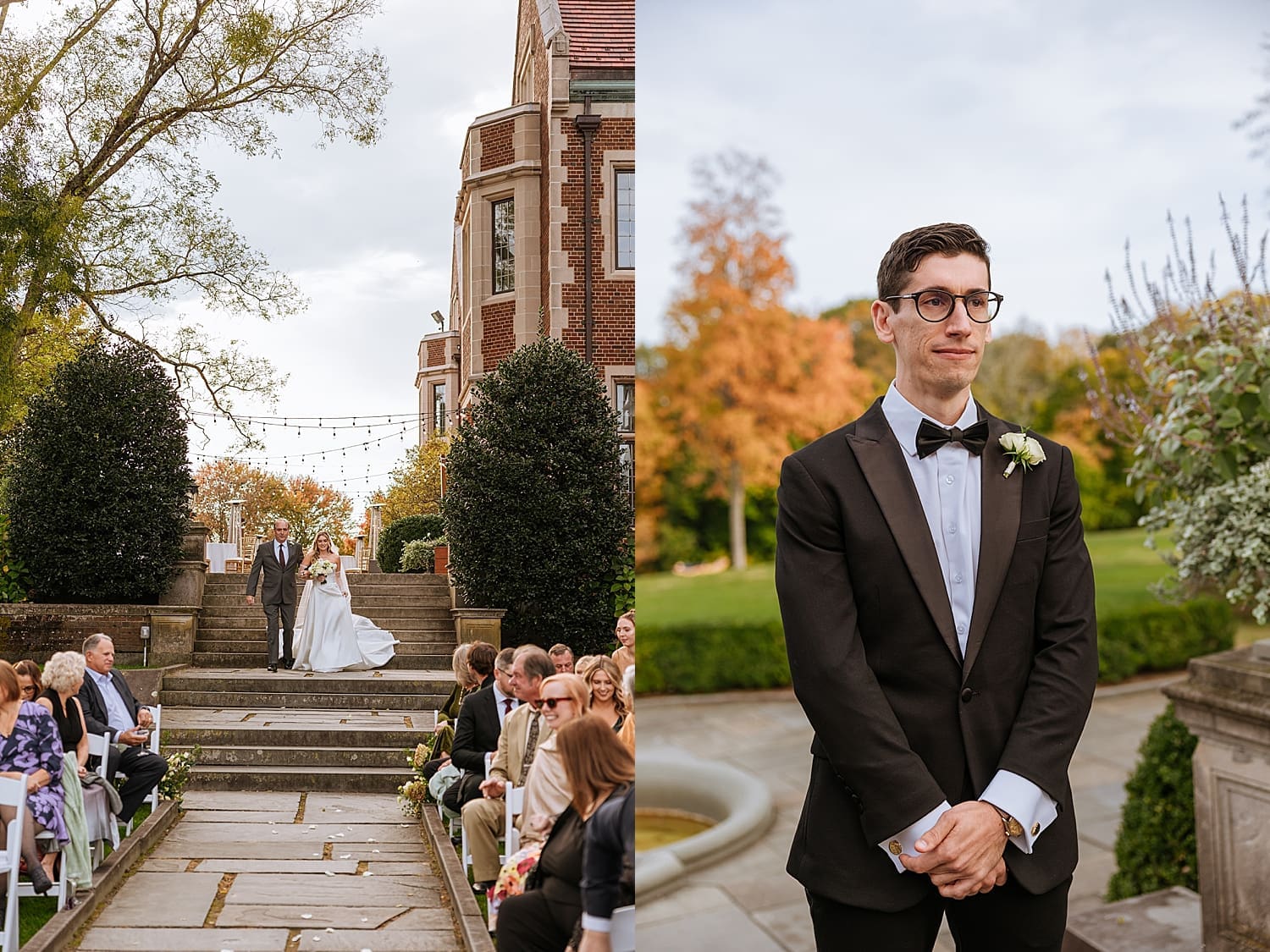 groom waits for bride as she walks down the outdoor aisle by East Coast wedding photographer