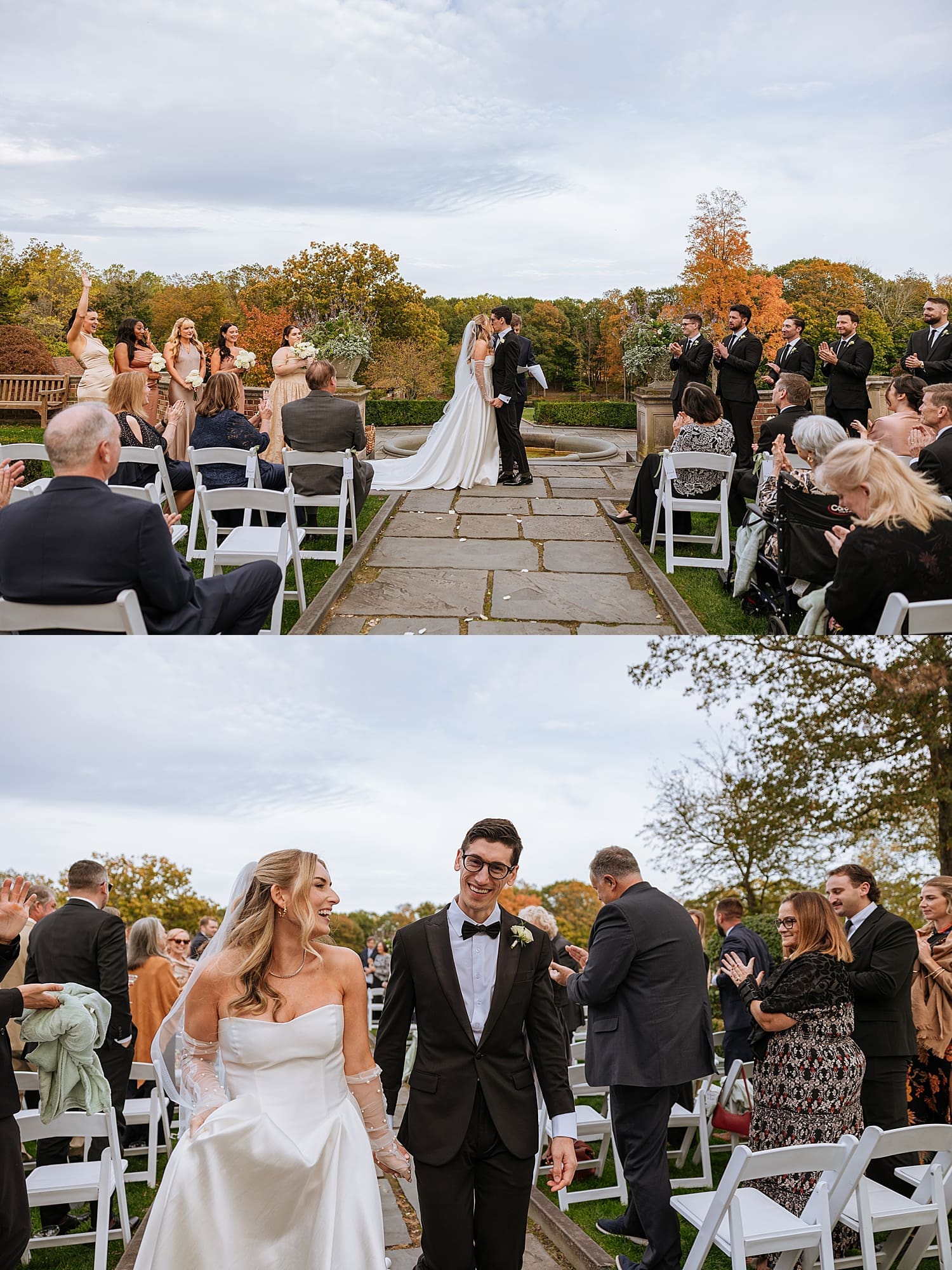 newlyweds share a kiss at alter in front of Waveny House