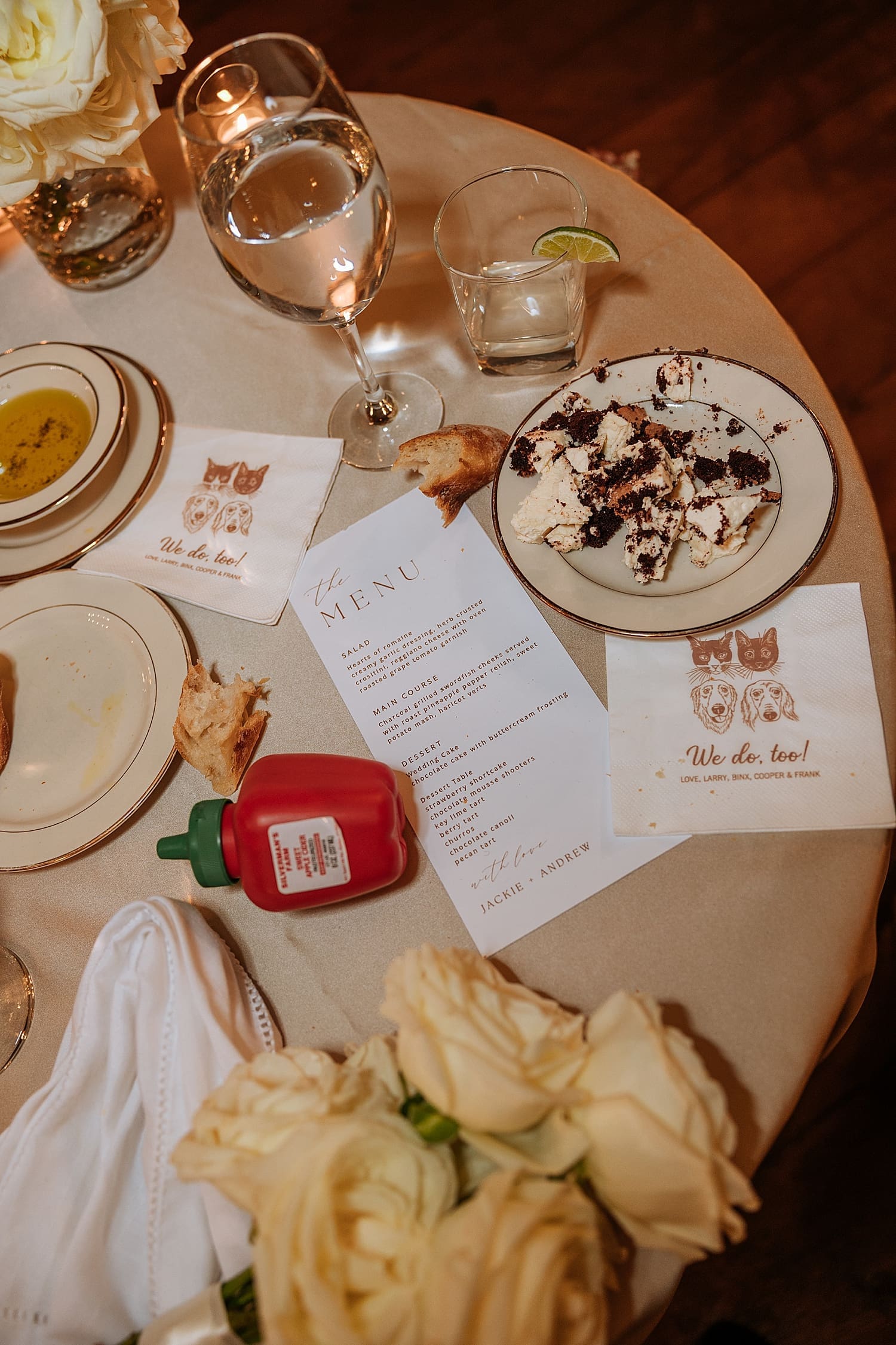 half eaten dessert and drinks on table at Waveny House