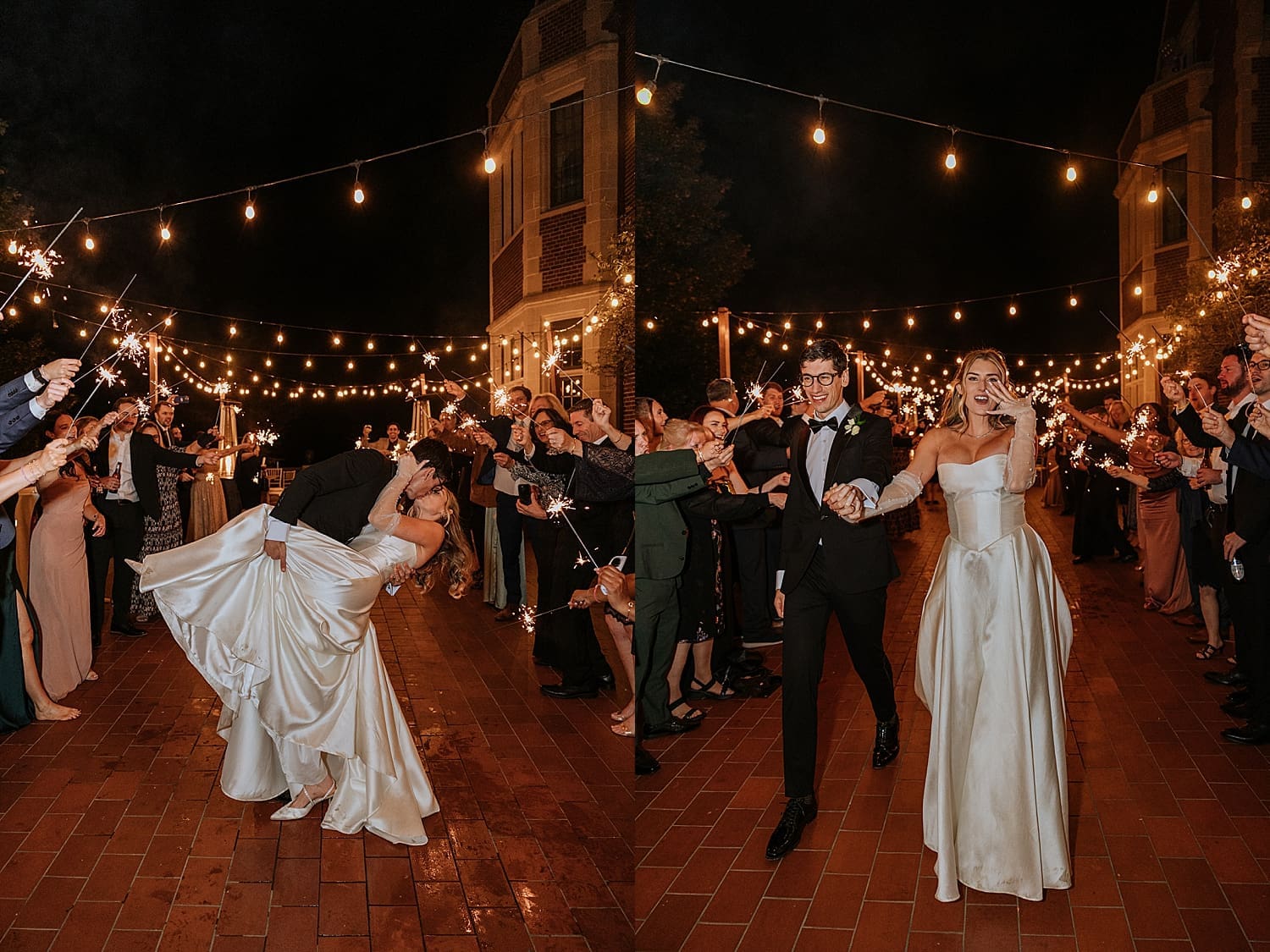 bride and groom exit in sparkler line at Waveny House