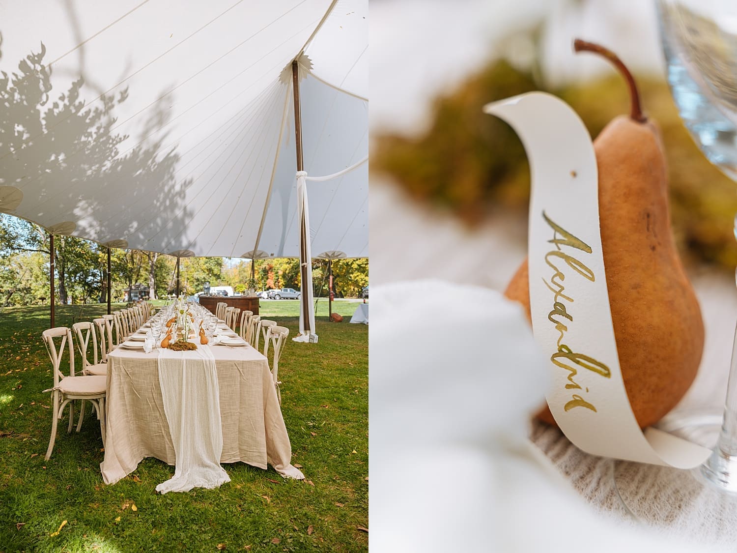 long reception table set up under tent at Fall Venues in the Hudson Valley