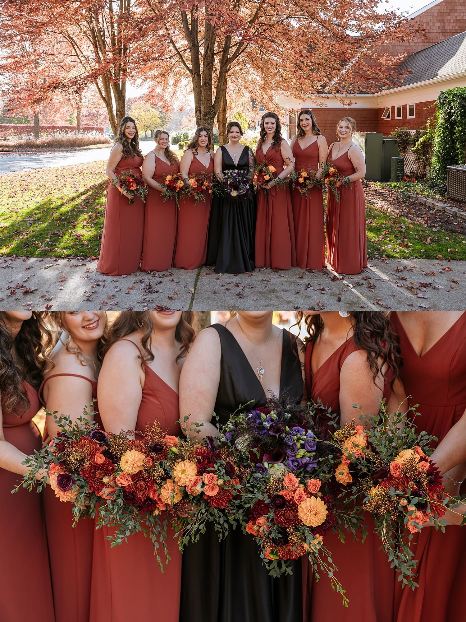 bridesmaids in burnt orange around bride in black by Kelly Jean Photography