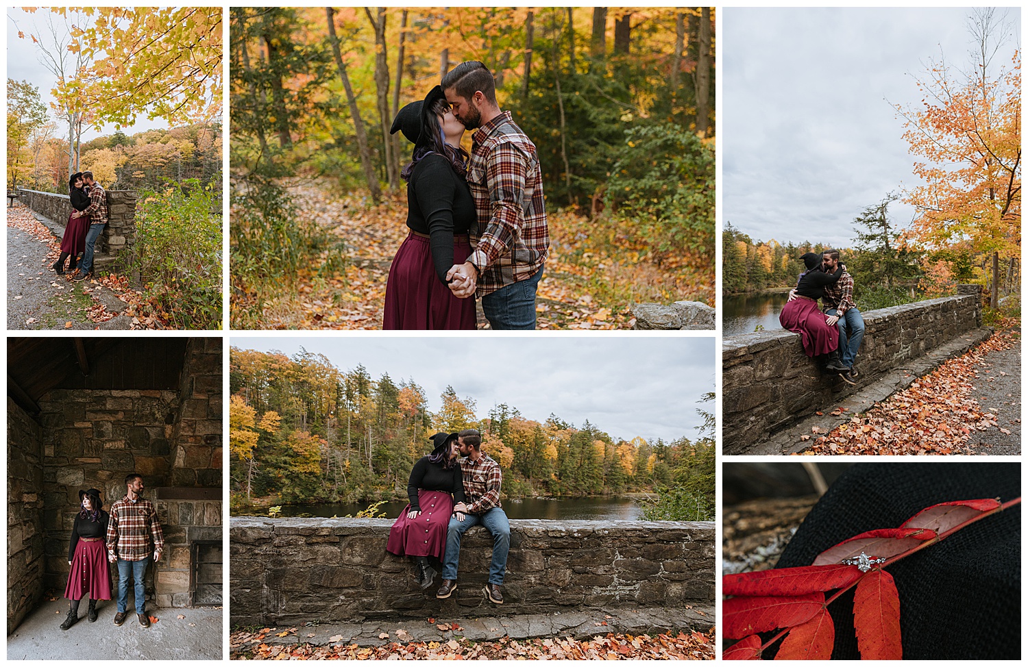 woman in witch hat kisses her fiancé for Fall engagement session