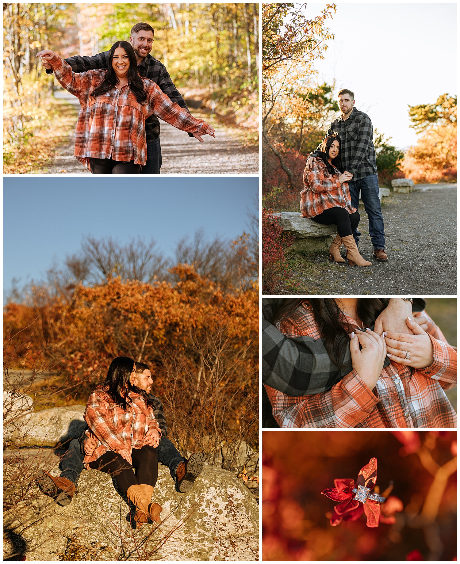 engaged couple sit on rock in fading sunlight by Kelly Jean Photography