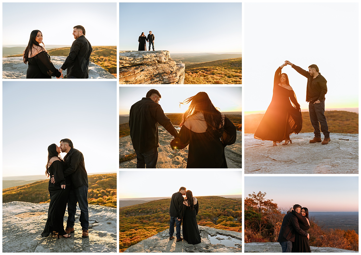 couple walks along cliffside during golden hour for Fall engagement session