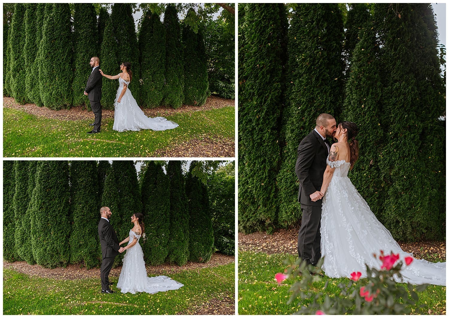 bride and groom kiss during first look for New York Autumn Wedding