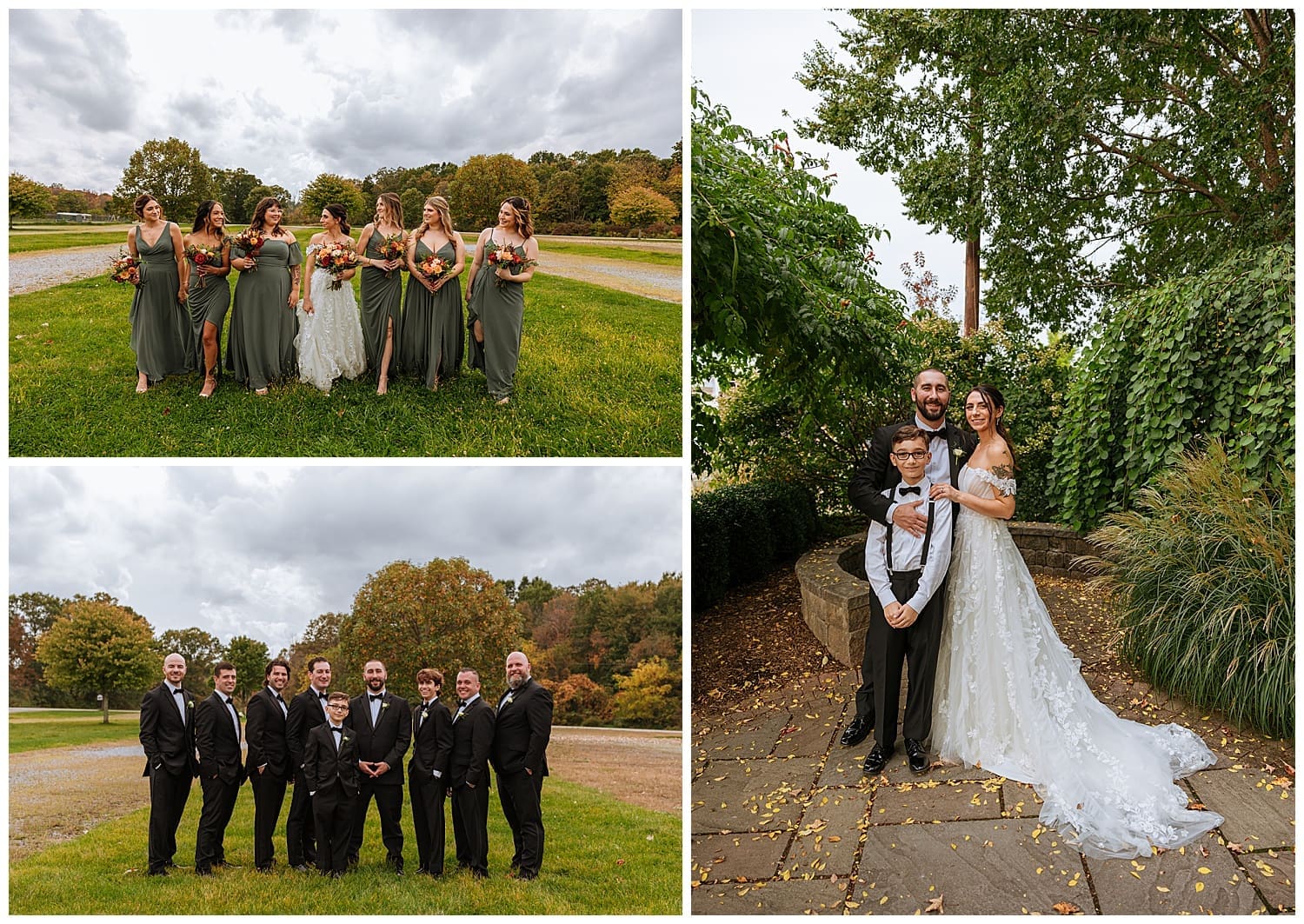 bridesmaids in green and groomsmen in black near happy couple by Kelly Jean Photography