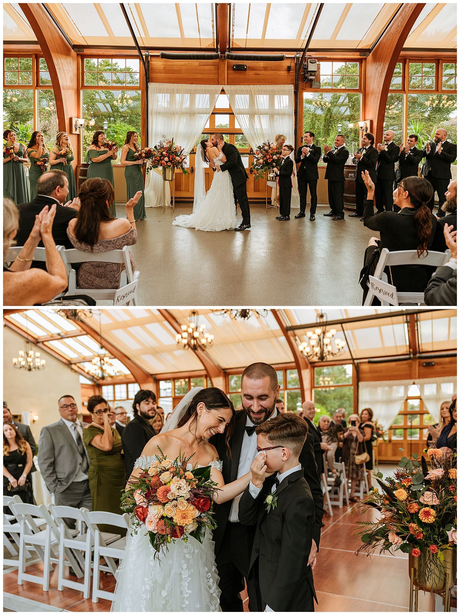 newlyweds share a kiss at indoor alter for New York Autumn Wedding