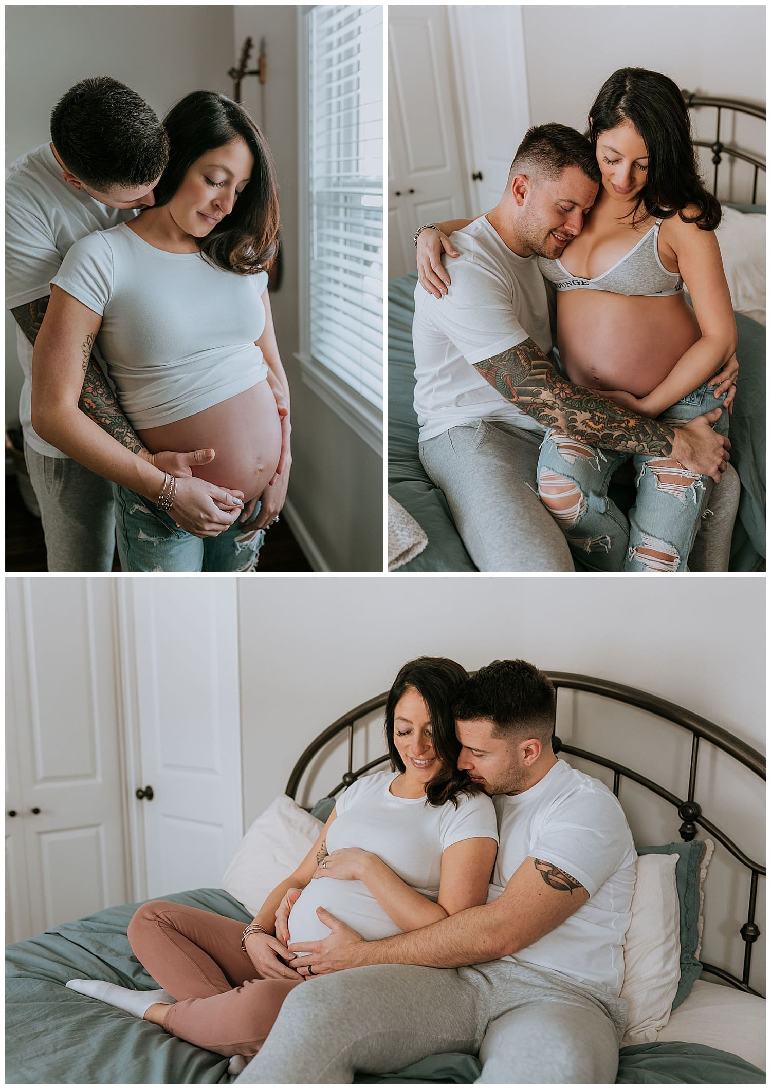 expecting parents snuggle bump on bed by Hudson Valley Photographer