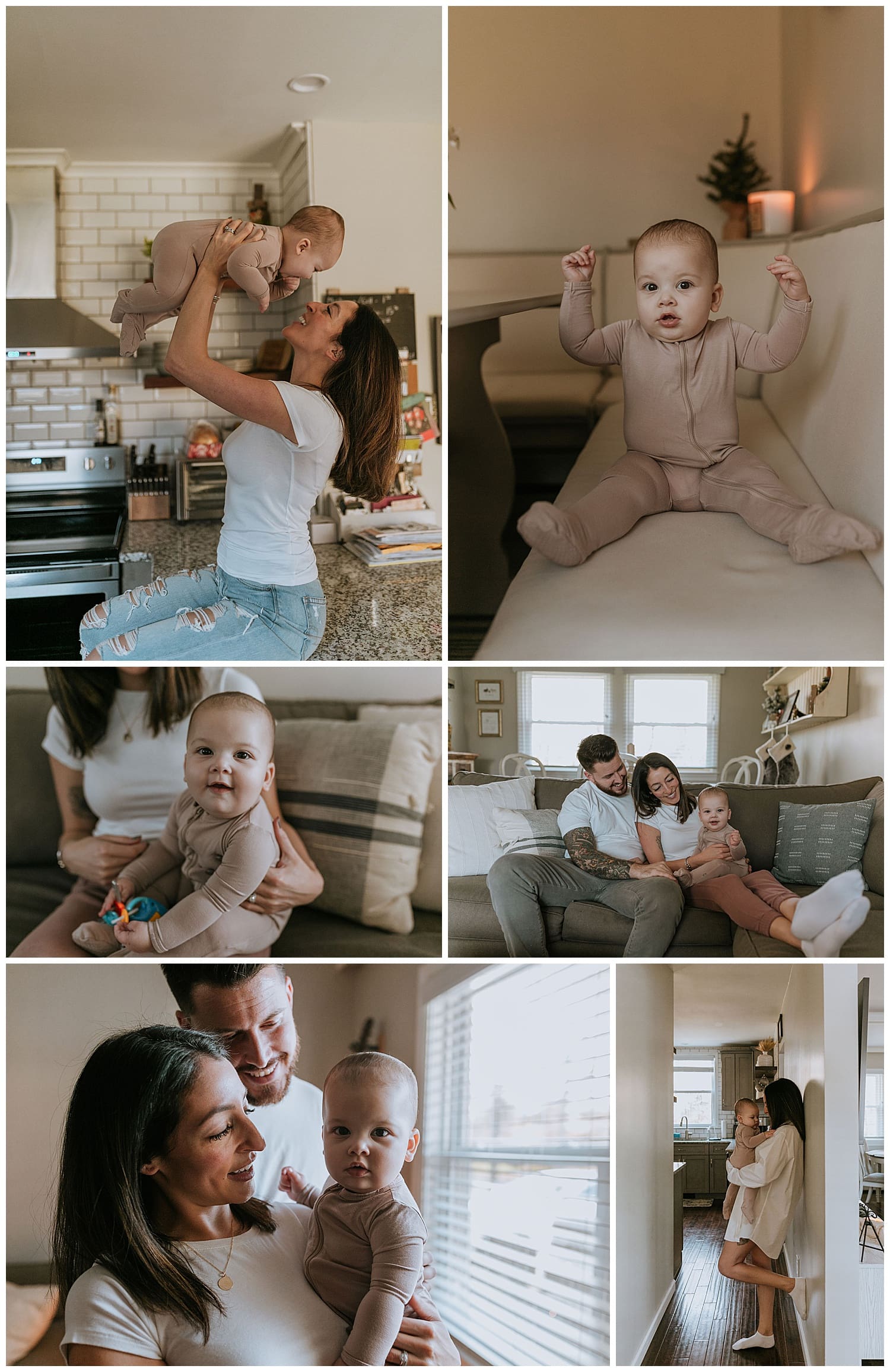 family of three snuggles on couch with baby for in-home session